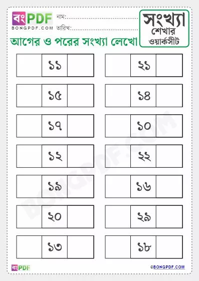 Free Write Before and After Numbers Bengali Worksheet PDF Download