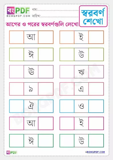Free Write Before and After Swarabarna Bengali Worksheet PDF Download