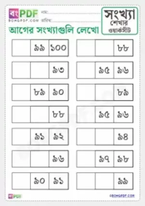 Free Write Missing Before Numbers Bengali PDF Worksheet Download