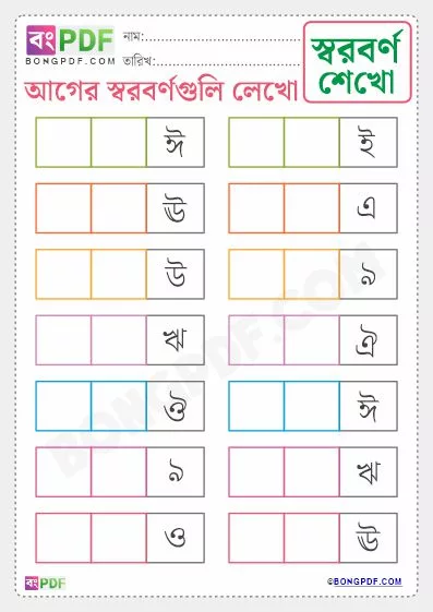 Free Write Before Swarabarna Bengali PDF Worksheet Download