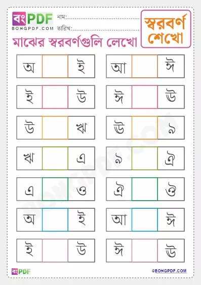 Free Write Between Swarabarna Bengali Worksheet PDF Download