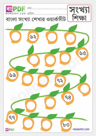 Free Write Missing Bengali Numbers 61-80 Worksheet PDF Download